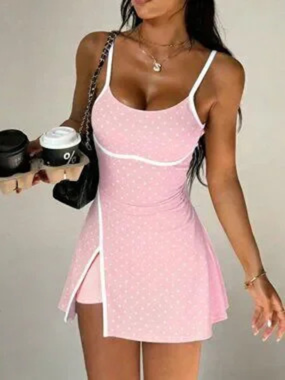 Pink Polka Dot Women's Golf Dress Spaghetti Straps Contrast Waistband Shorts